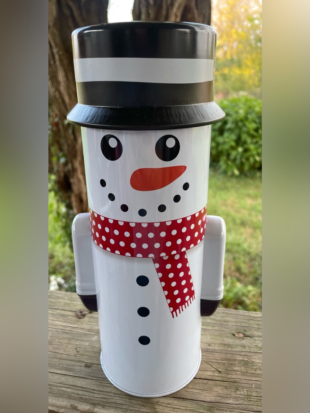 Festive White Snowman Canister Tin with Red Polka Dot Scarf - Holiday Decor